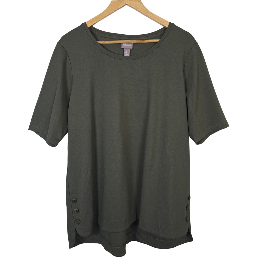 Chico's Side Button Tunic Top Cypress Fern Green Knit Short Sleeve Size 3 - XL